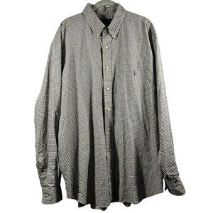 Ralph‎ Lauren Mens Shirt 1XB Big Brown White Micro Check Blue Pony Long Sleeves